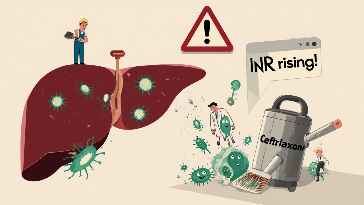 Cartoon liver with worker and bacteria being vacuumed away, vitamin K crystals fading as INR rises.