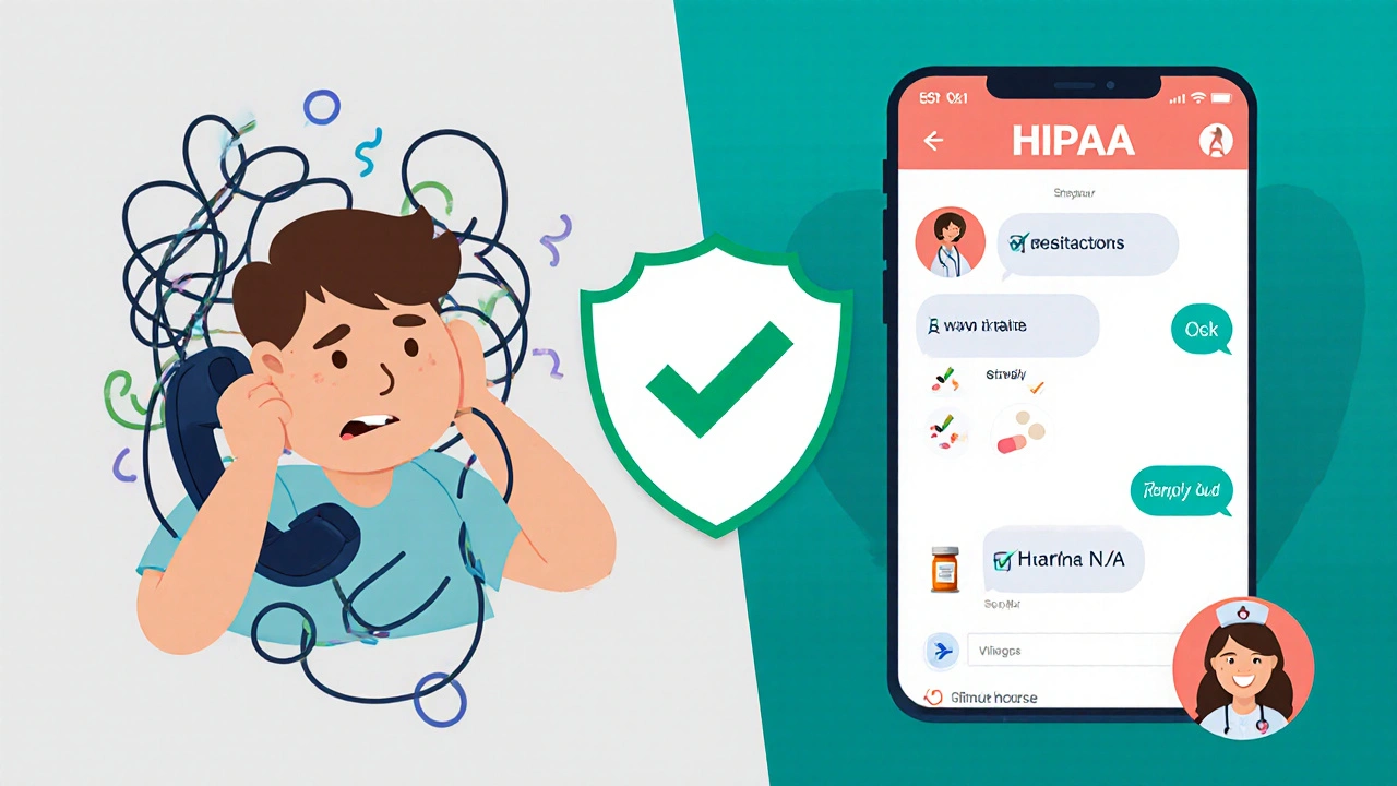 Contrast between chaotic phone call and calm secure messaging for medication inquiries.