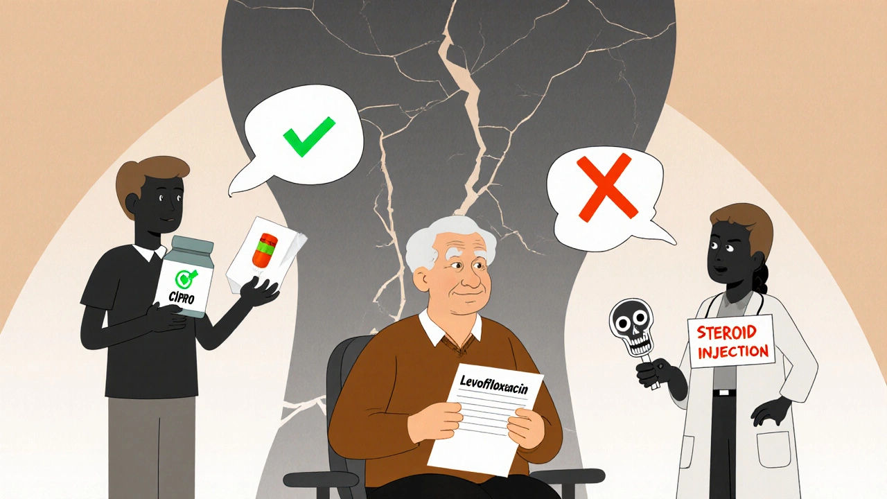 Elderly patient in clinic surrounded by doctors arguing over different antibiotics and tendon risks.