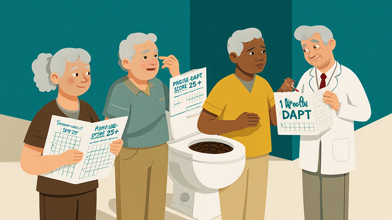 Elderly patients with bleeding concerns and a doctor showing a shortened DAPT plan, in UPA cartoon style.