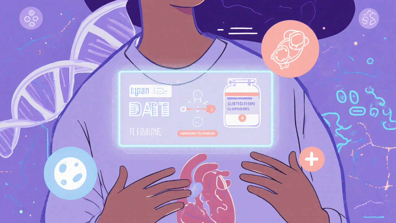 Futuristic personalized DAPT timeline with antidote research icons, in UPA cartoon style.