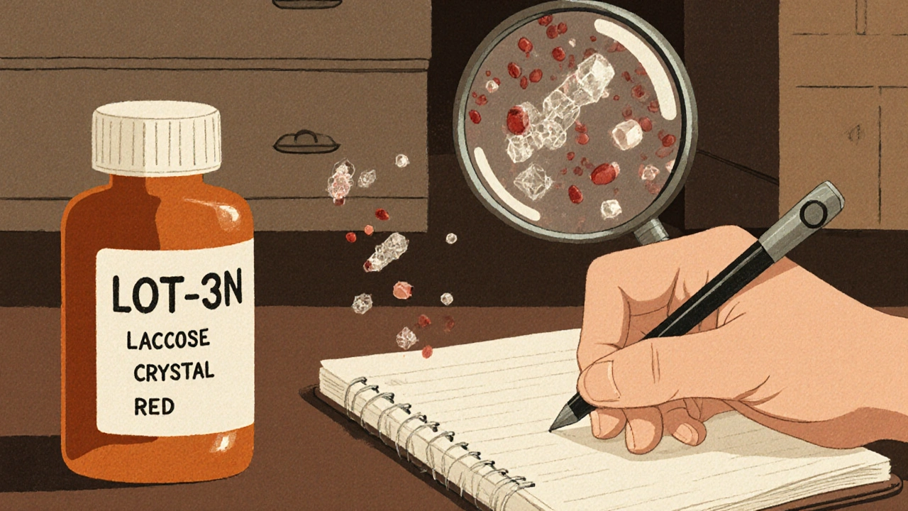 Hand writing in a journal next to a medicine bottle with visible lot number and floating inactive ingredients.
