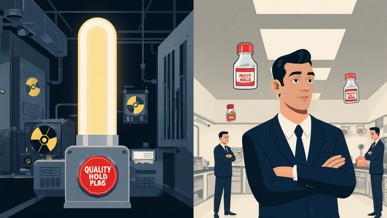 Independent QA inspectors in nuclear and pharma settings both hold red stop buttons, freezing critical processes.