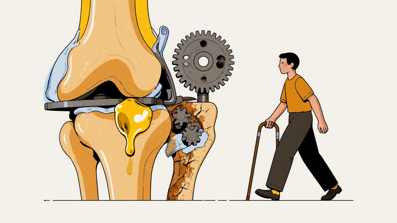 Knee joint as a gear system being lubricated by golden gel, contrasting with damaged gears representing severe arthritis.