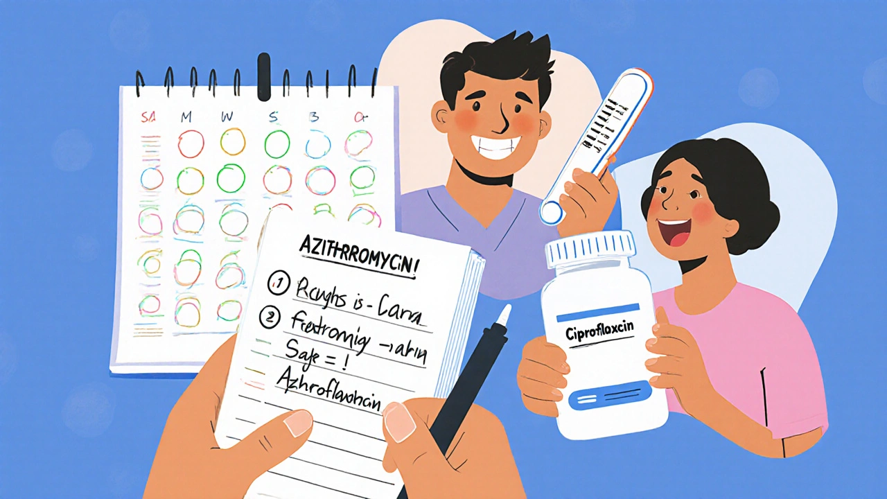 Patient logging INR levels while dentist prescribes safe antibiotic, another patient holds risky one in background.