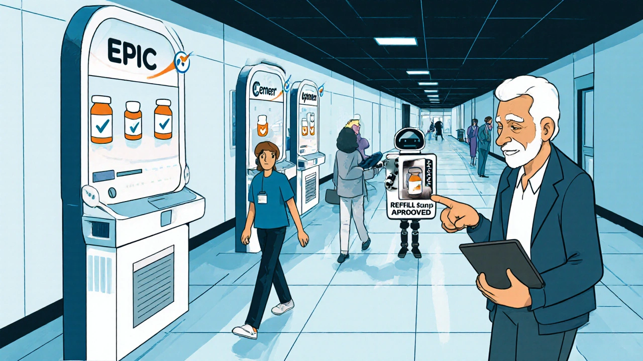 Patients interacting with secure messaging kiosks, one sending a pill bottle photo to AI assistant.