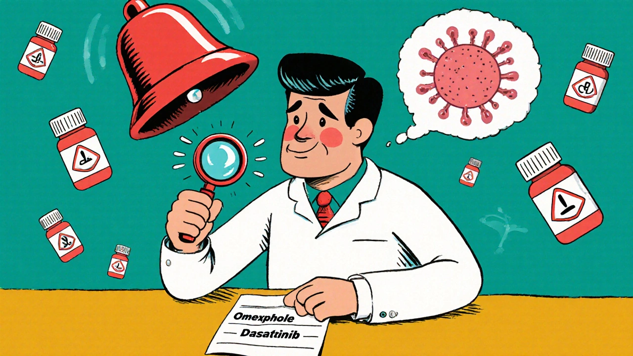 Pharmacist spotting dangerous drug interaction between heartburn and leukemia meds.