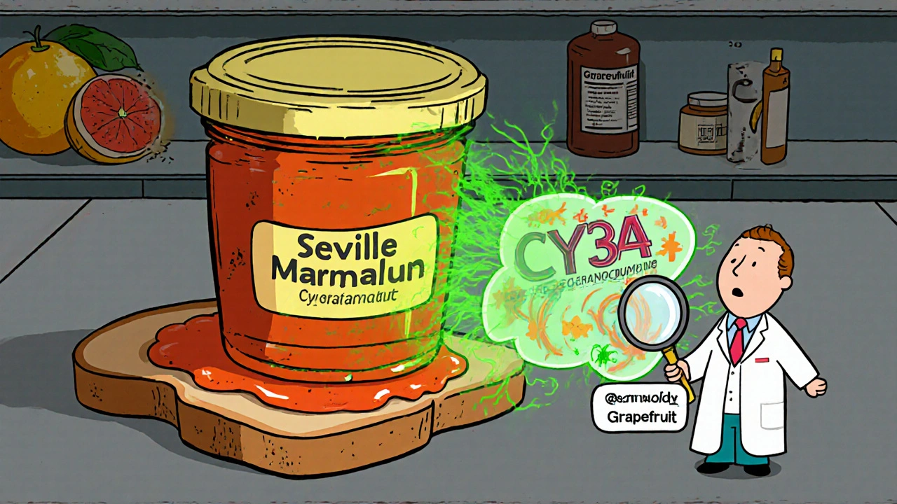 Seville orange marmalade spreads on toast while toxic waves disrupt a human enzyme diagram.