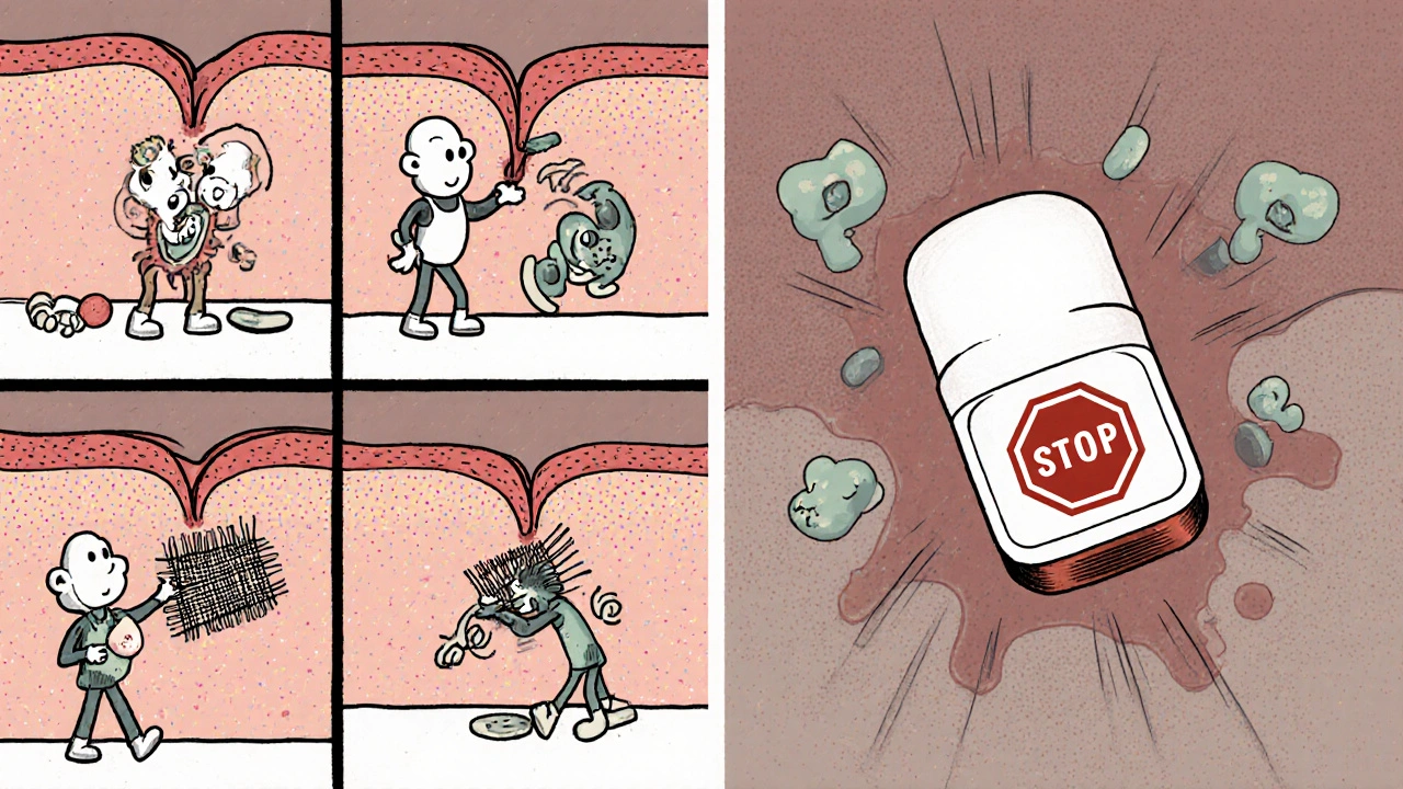 Split illustration: healthy wound healing on one side, aspirin blocking inflammation on the other.