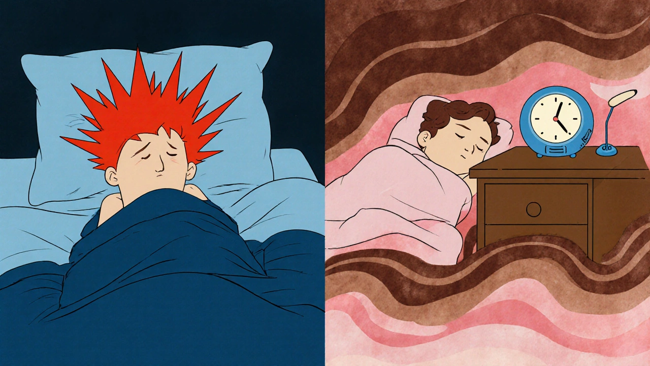 Split illustration showing stress-induced tinnitus versus calm sleep with soothing sound waves in a bedroom.