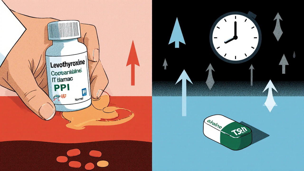 Split image showing thyroid medicine working in acid vs. failing in alkaline environment.