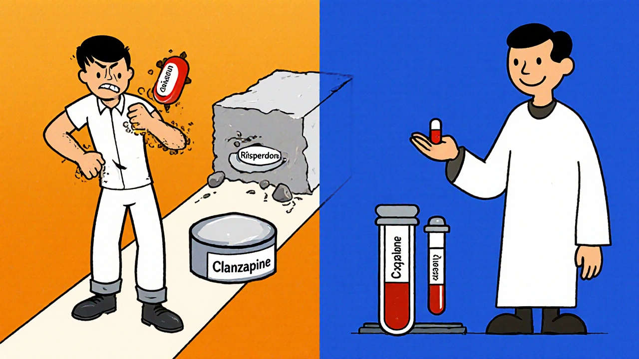 Split scene: one side shows medications crushing mobility, the other shows a safe treatment with blood monitoring.