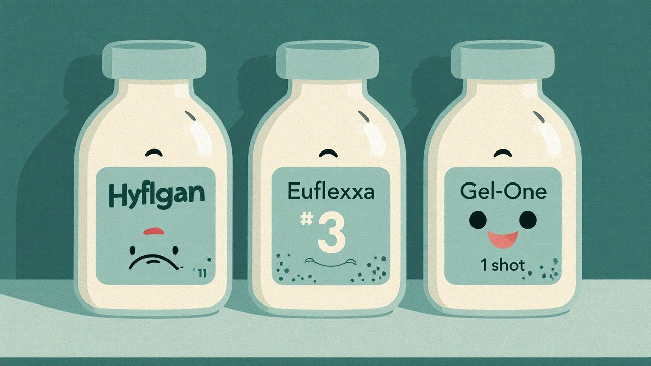 Three stylized hyaluronic acid injection bottles with faces, labeled by number of doses and molecular weight.