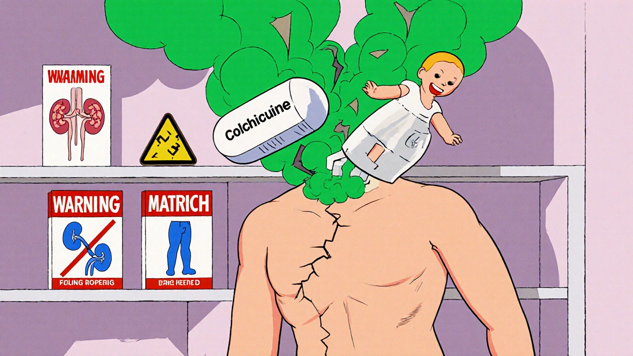 Toxic green smoke erupts as colchicine and verapamil pills collide, symbolizing deadly drug interaction.