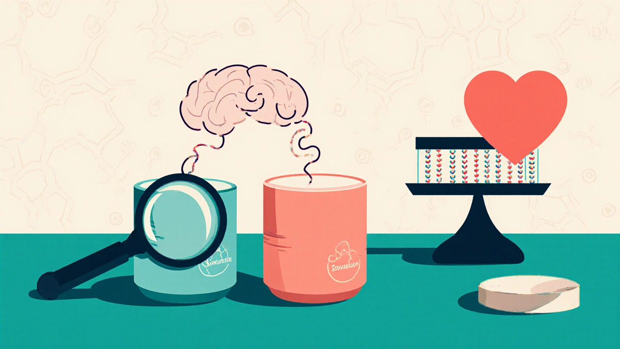 Two statin pills with different paths to the brain, illustrating lipophilic vs. hydrophilic effects.