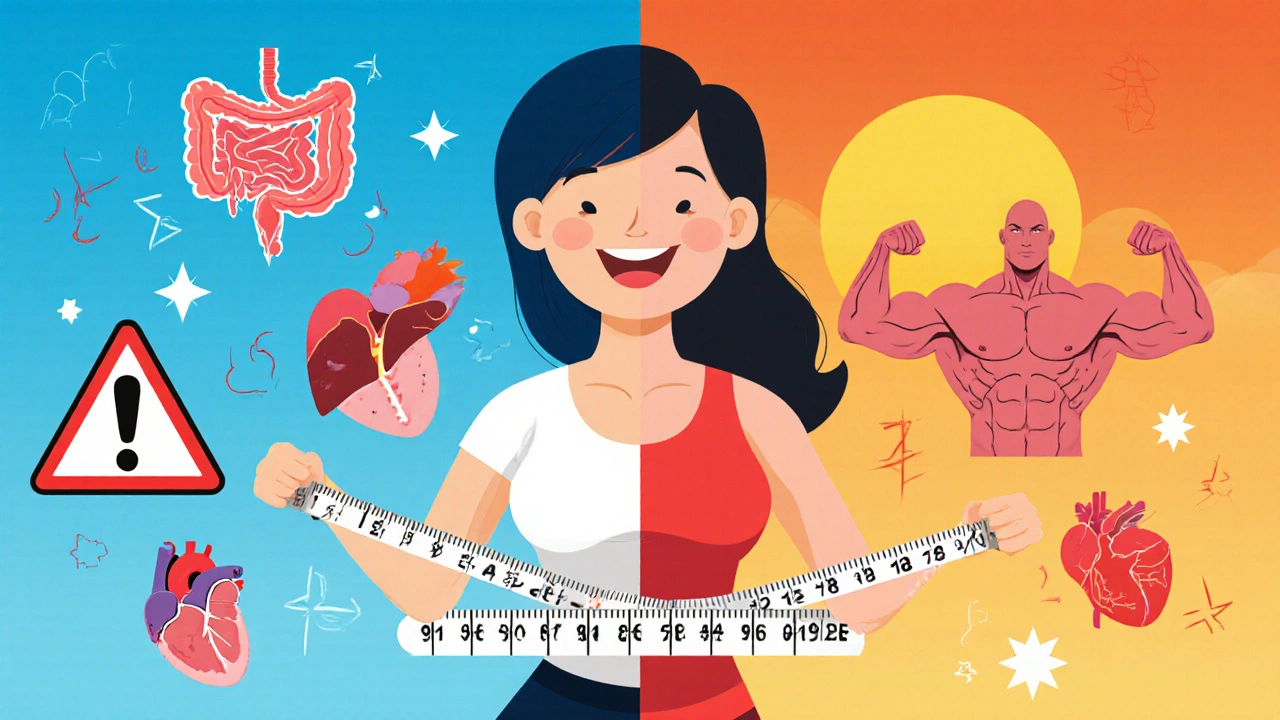 Woman celebrates waist measurement with healthy organs vs. inflammation in UPA illustration