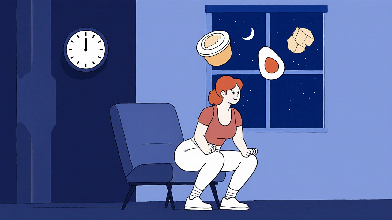 Woman doing squats with protein foods glowing above her, bedroom at night in UPA style