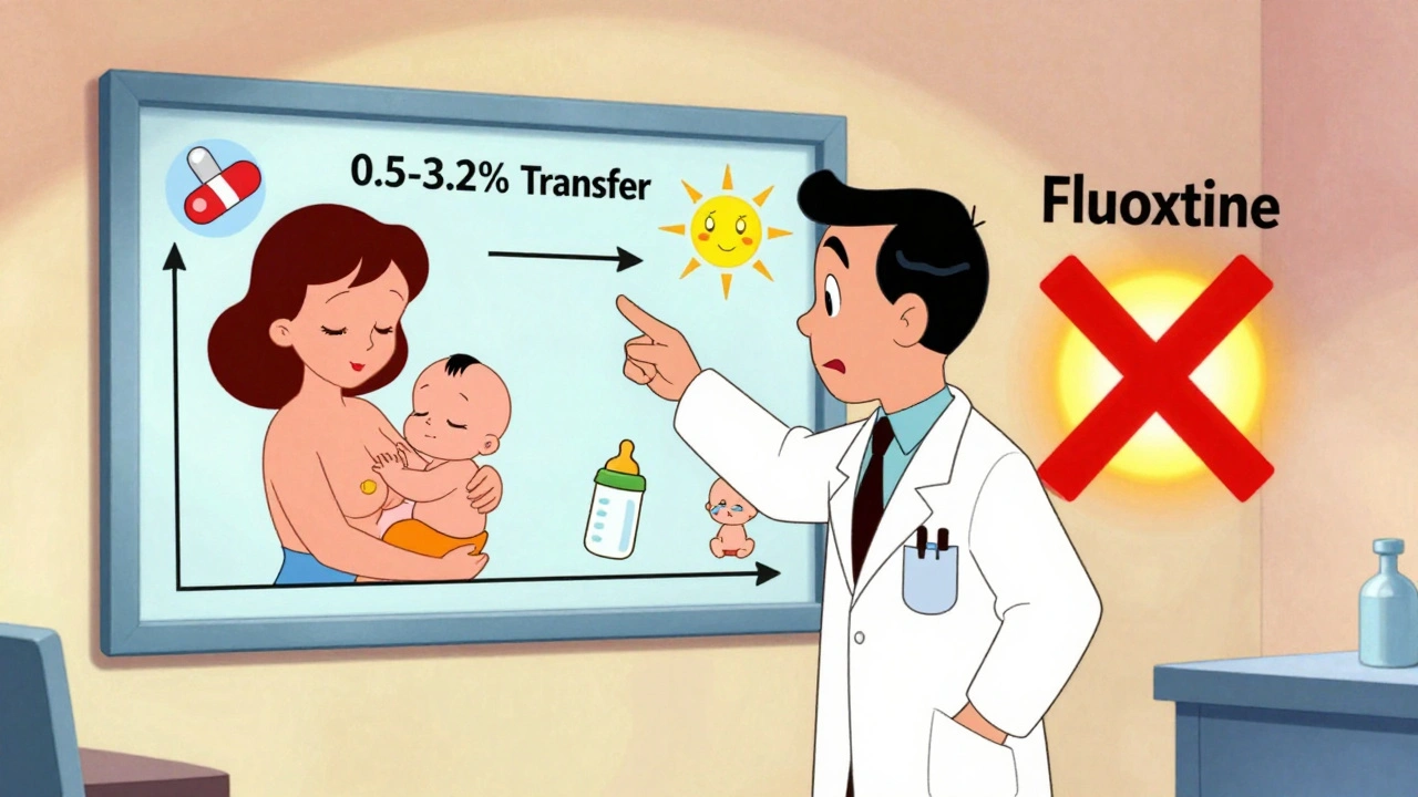 A doctor explains infant drug transfer rates using a colorful chart, with safe and unsafe pills shown clearly.