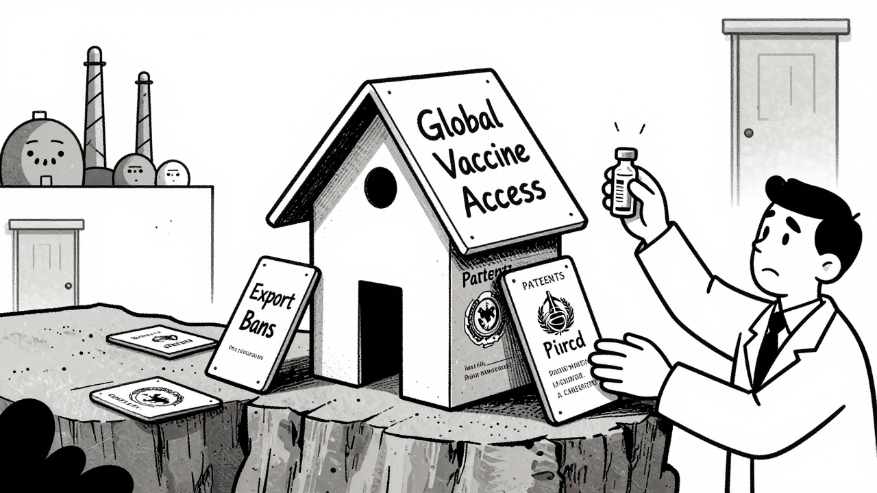 A house of cards labeled &#039;Vaccine Access&#039; collapses, while a technician in Africa tries to hold it up.