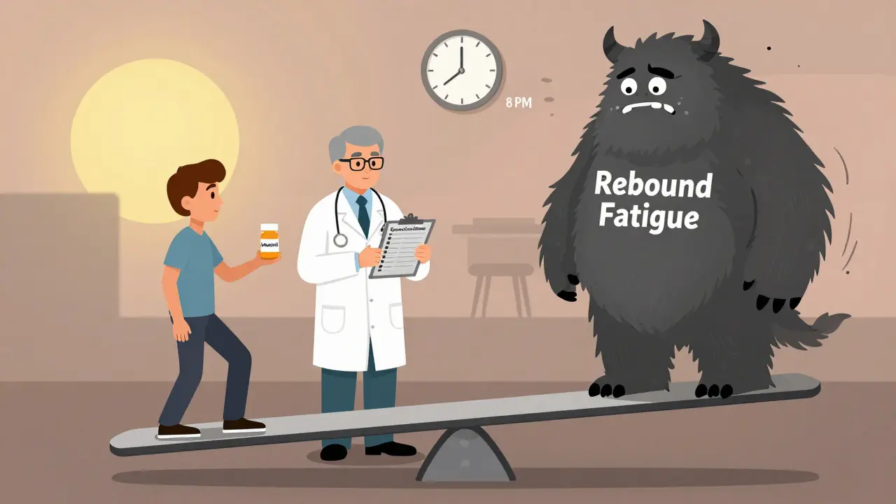 A patient balanced against a fatigue monster on a seesaw, with doctor and clock in background.