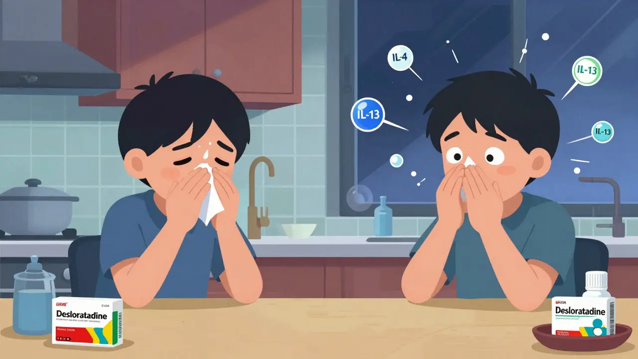 A person's day with loratadine vs desloratadine, showing allergy symptoms fading with the stronger option.