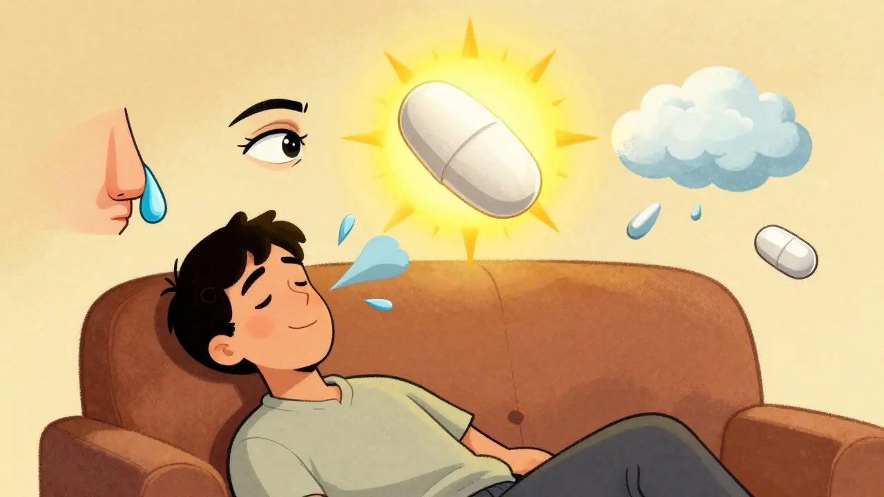 A person relieved of allergy symptoms as desloratadine shines above them.