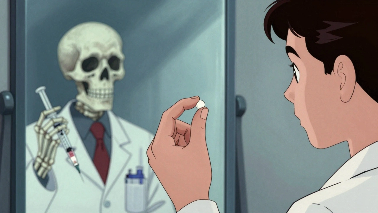 A teen holding a pill while a skeletal figure in a lab coat reflects in a distorted mirror.