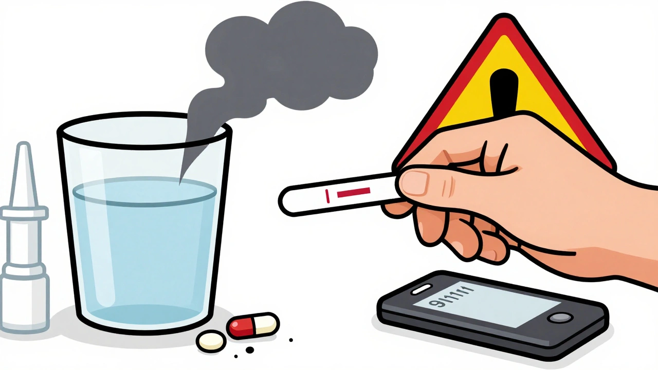 A test strip showing one line as smoke forms a warning sign, with Narcan nearby.