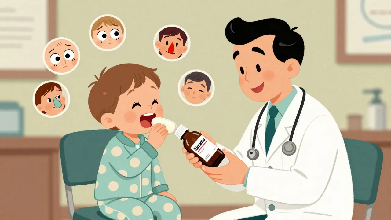 A toddler taking desloratadine syrup at a clinic while another child struggles with a large pill.