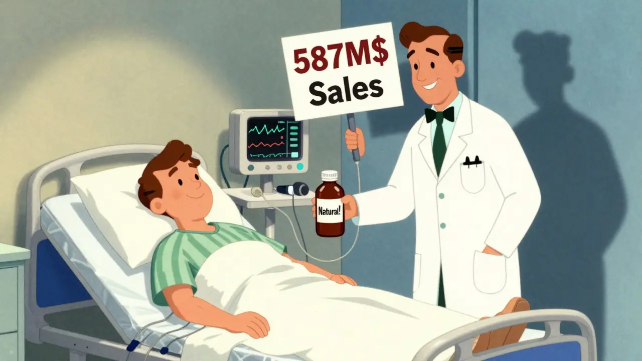 A transplant patient receives St. John’s Wort while drug levels crash, with a shadowy sales figure in background.