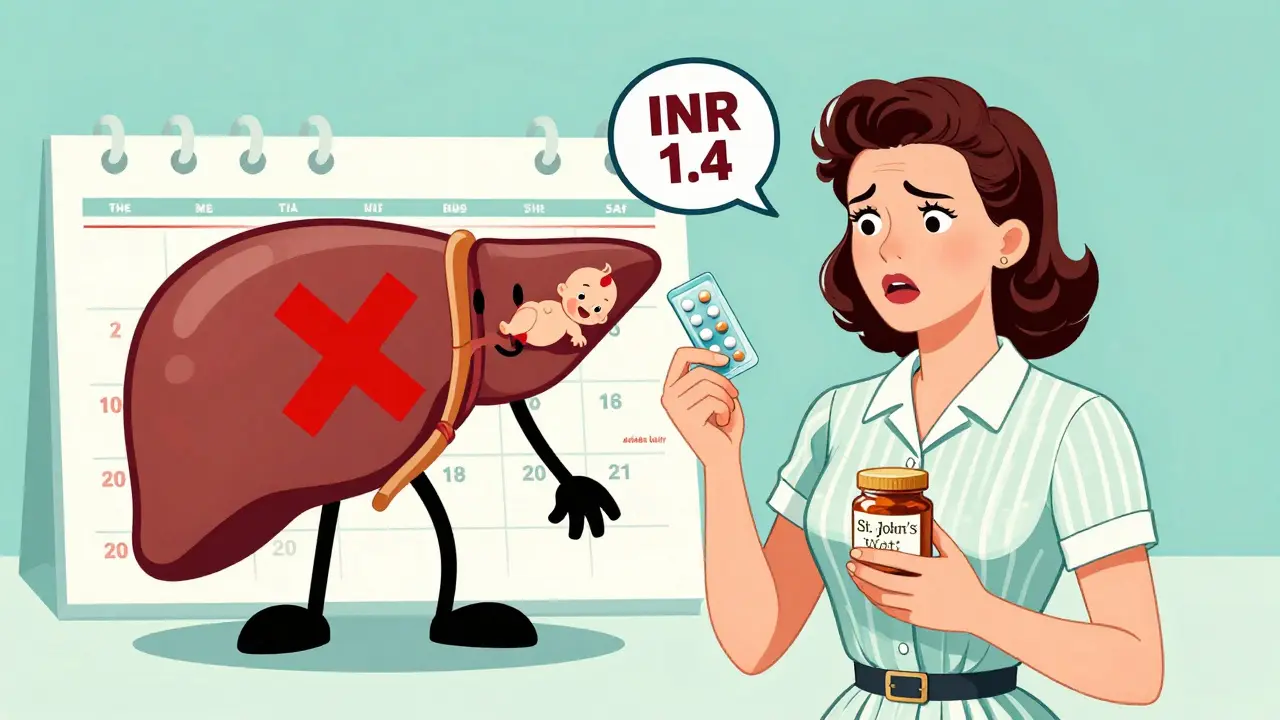 A woman holding birth control and St. John’s Wort, with a liver spitting out a baby and low INR sign.