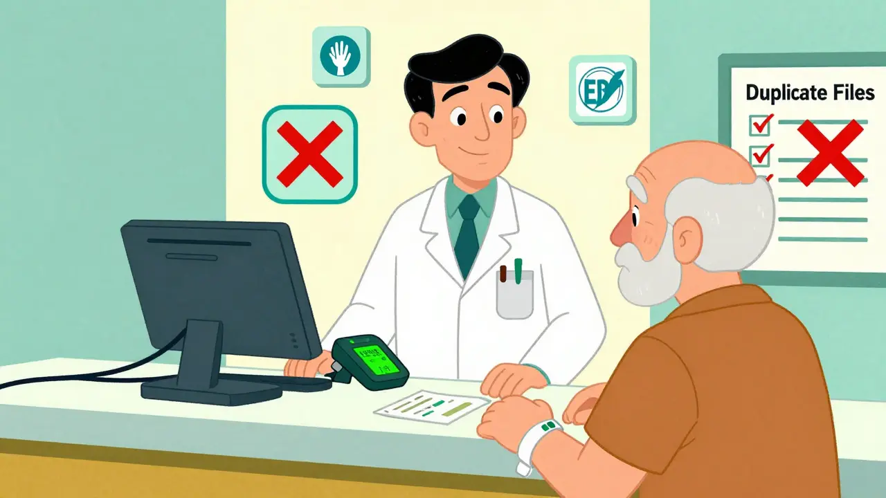 Barcoded medication being scanned with correct match, duplicate records marked with red X, EMPI icon visible.