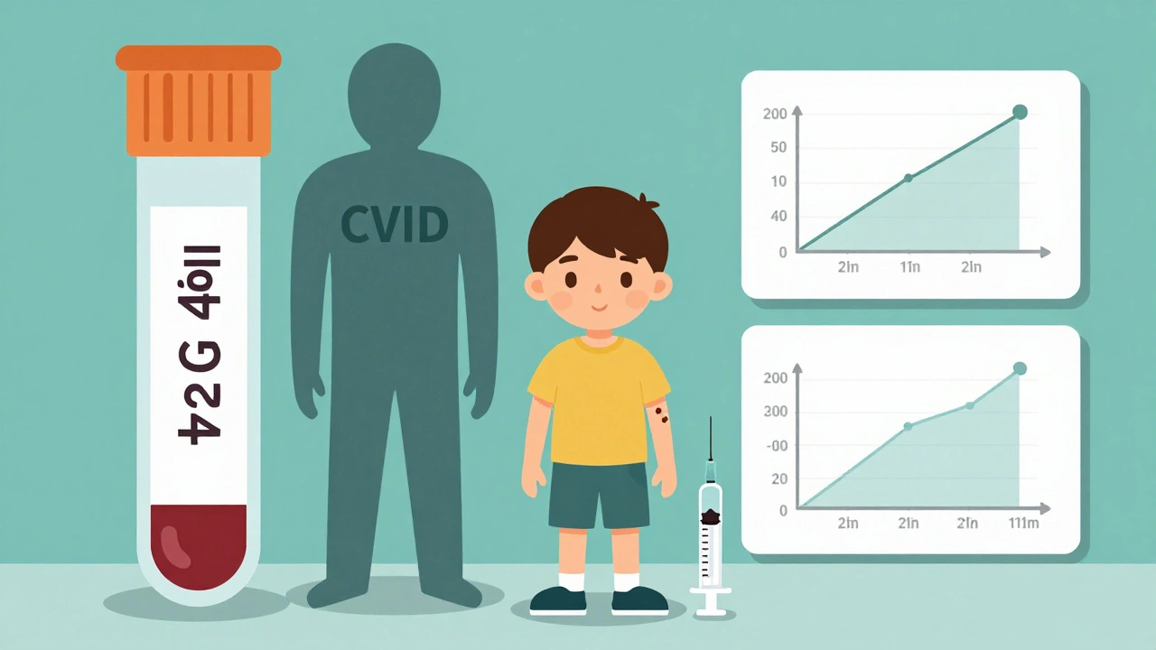 Boy beside a blood test with low IgG level, being vaccinated while CVID shadow looms.