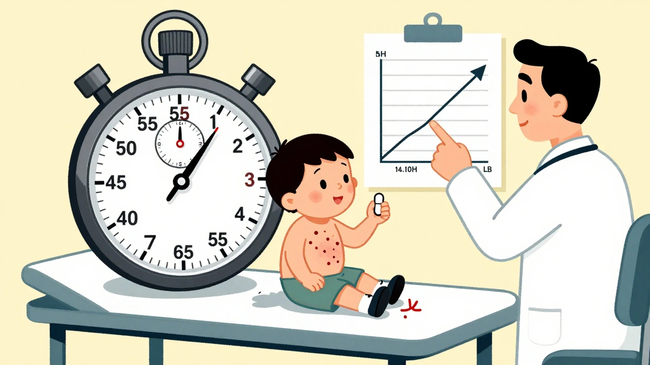 Child holding a low-dose pill with a clock and crawling rash symbolizing early warning.