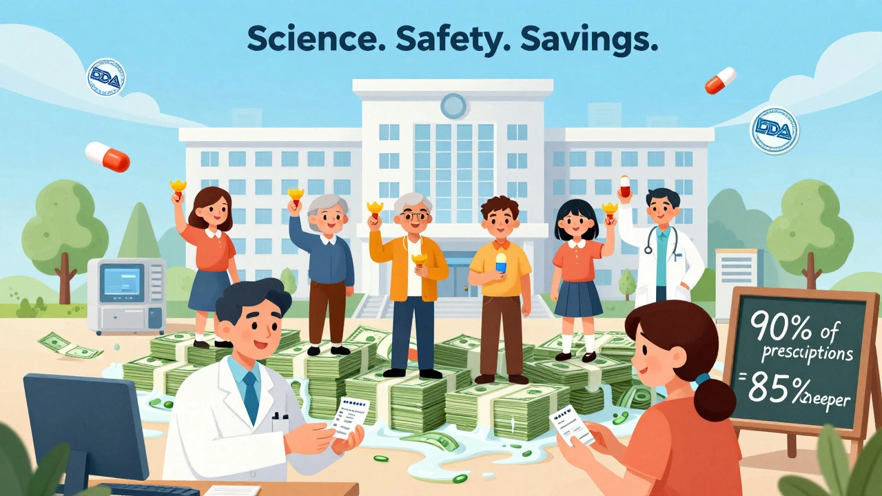 Diverse people holding generic pills as trophies, standing on melting money piles near a rebuilt hospital.