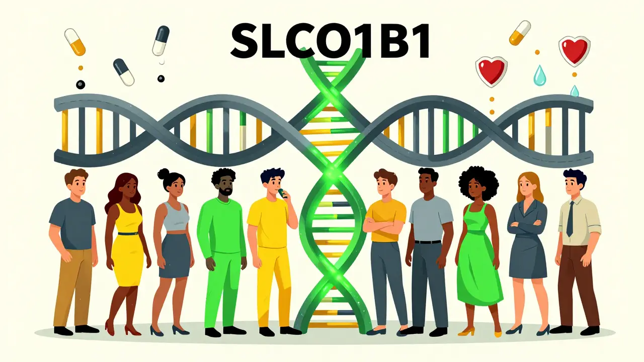 Diverse people under genetic helix, some flagged for higher diabetes risk from statins.