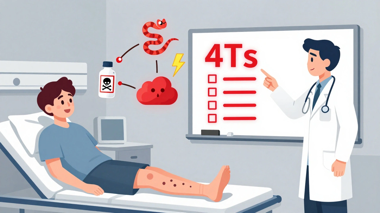 Doctor pointing at a 4Ts score chart while a patient shows swelling and bruising from heparin therapy.