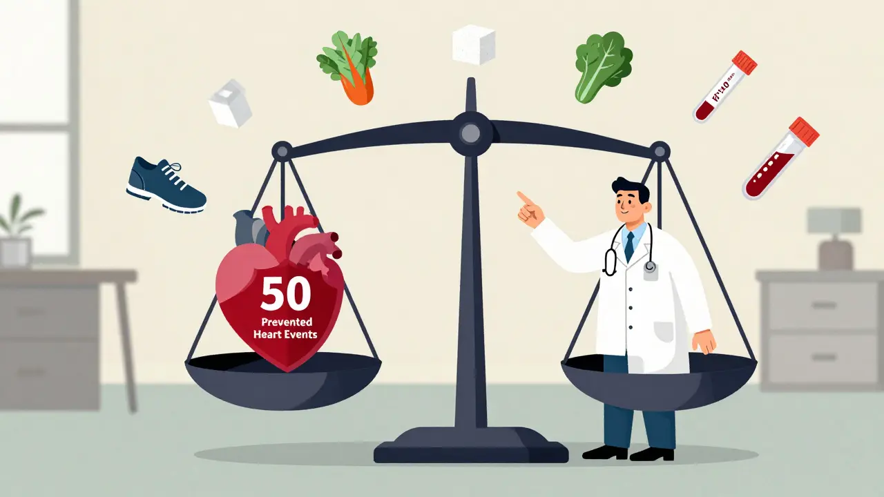 Doctor showing scale comparing heart attack prevention to small increase in diabetes cases.