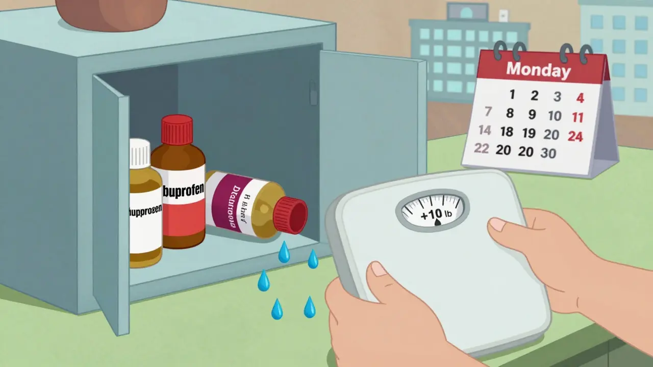 Elderly hands weighing sudden fluid gain as NSAID bottles spill on a kitchen counter.