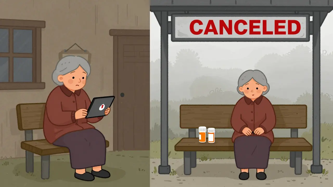 Elderly woman on video call while prescription sits unused at a bus stop.