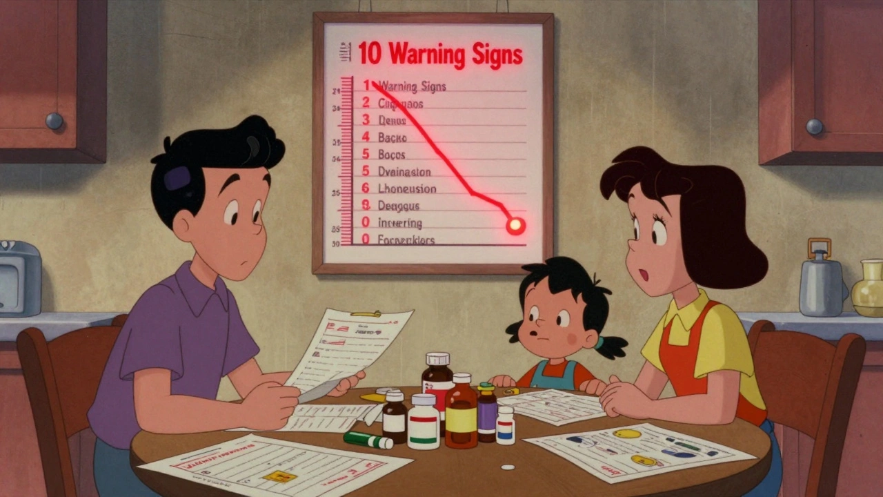 Family at table with growth chart, antibiotic bottles, and warning signs checklist.