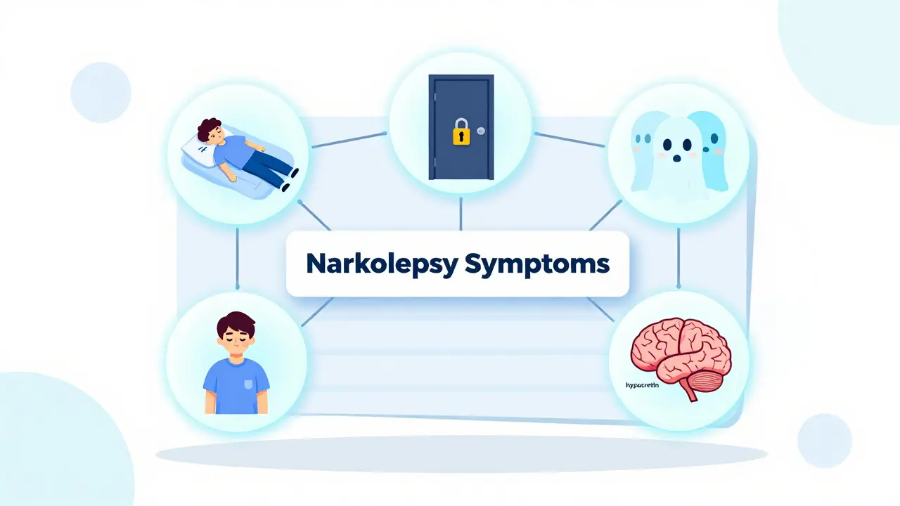Five symbolic icons representing narcolepsy symptoms connected to a brain with missing hypocretin.
