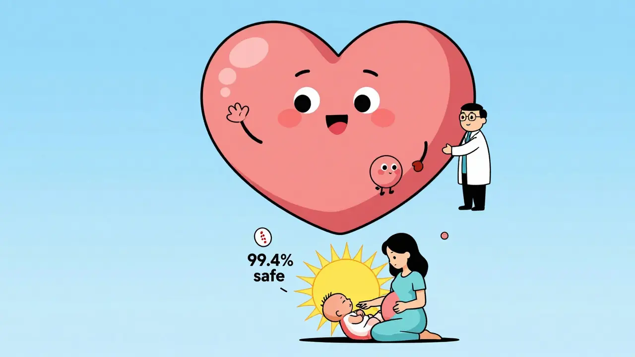 Heart-shaped placenta with friendly SSRI characters, sertraline smiling, paroxetine being guided away.