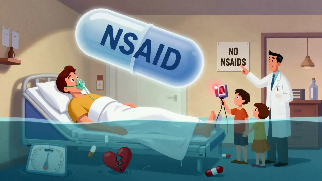 Hospital patient flooded by a giant NSAID pill, family scanning medication with a red warning.