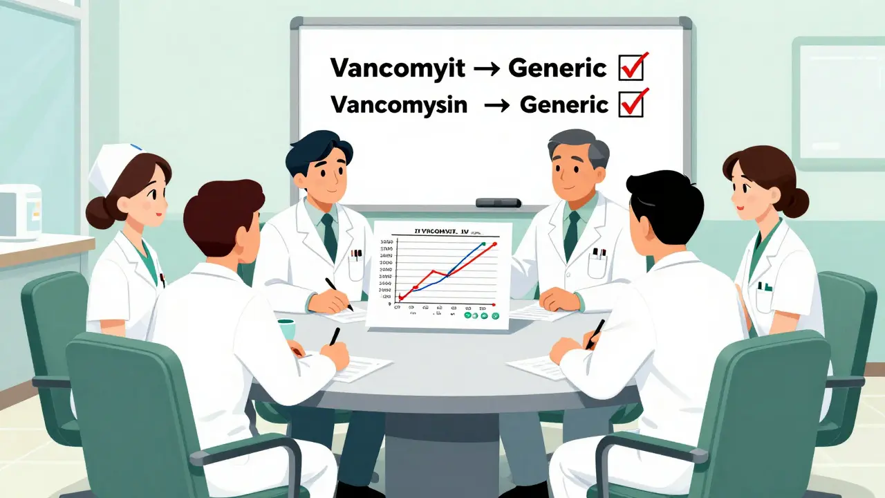 Hospital team reviewing IV antibiotic substitution data on a whiteboard