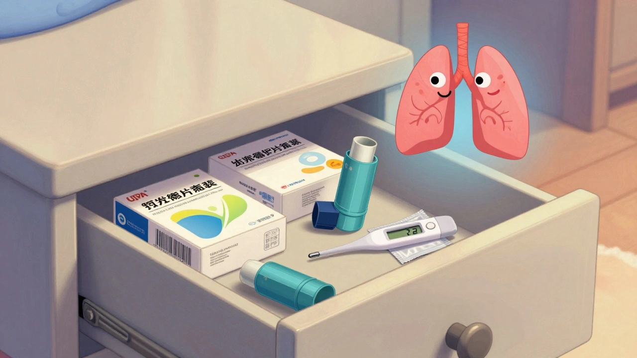 Inhalers stored safely in a drawer with thermometer and silica packet, happy lung above.