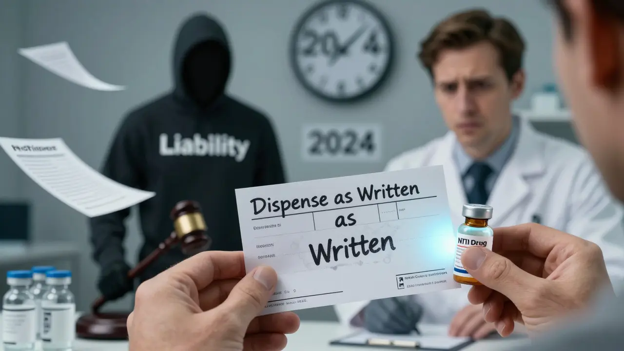 Patient's prescription with 'Dispense as Written' note while pharmacist faces liability warning