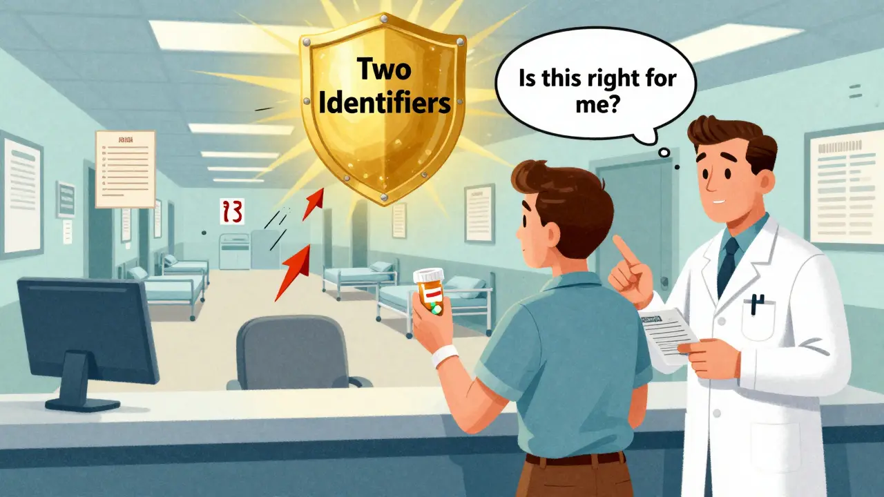 Patient asking if medication is right for them, chaotic hospital scene in thought bubble, safety shield blocking errors.