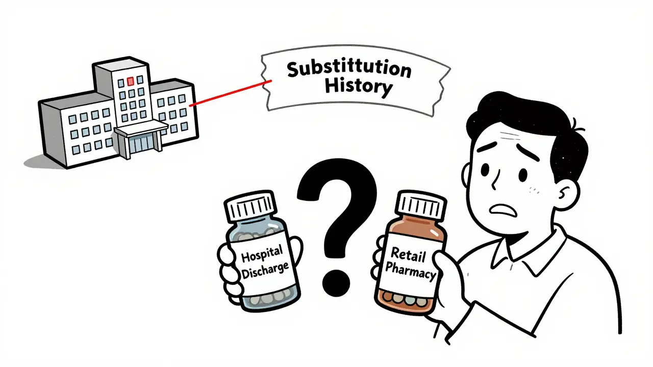 Patient confused by mismatched pill bottles from hospital and retail pharmacy