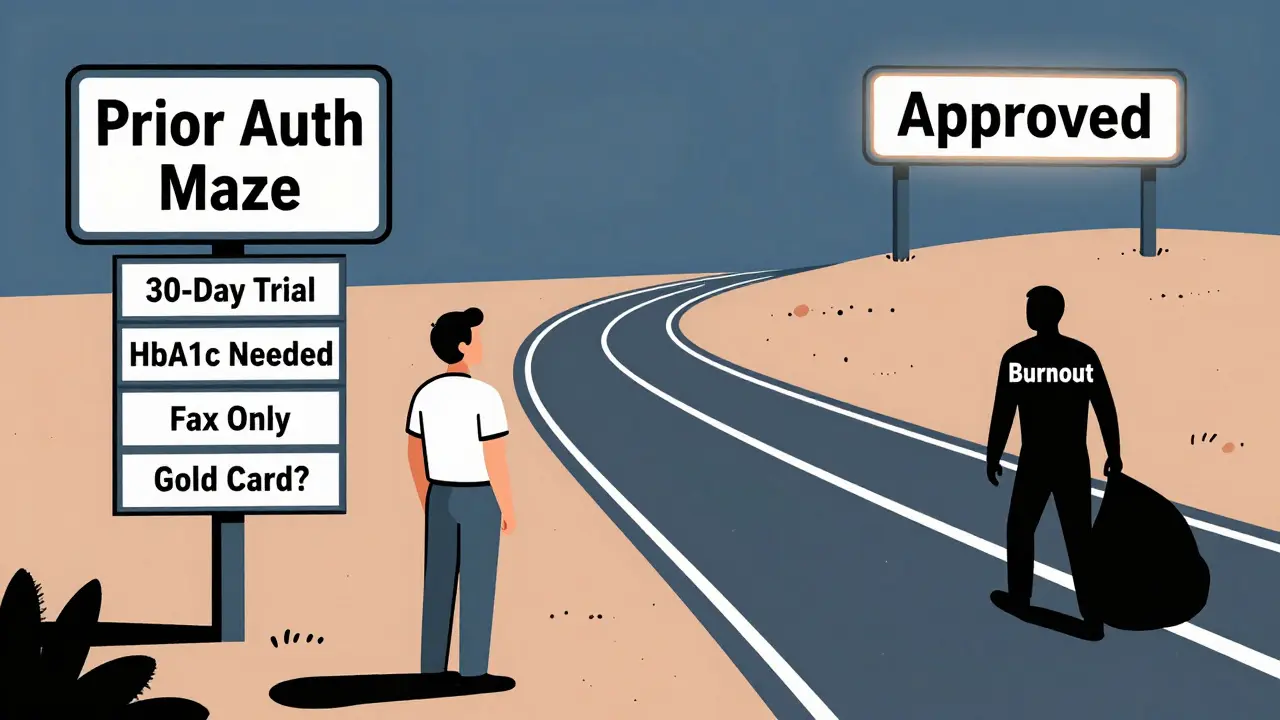 Patient walking through a maze of insurance barriers toward an approval exit in vintage cartoon style.
